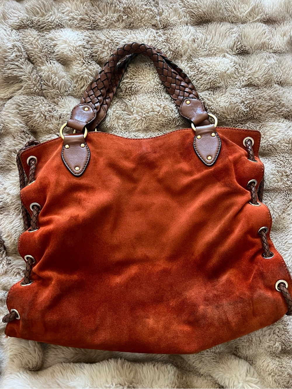 Michael Kors Rust Suede Tote/Hobo with Braided Brown Handles - Picture 2 of 11